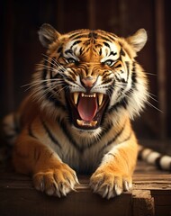 Canvas Print - Fierce tiger roaring in the dark