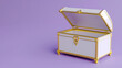 A white open and empty. blank treasure chest with gold trim on a purple background with copy space for text.