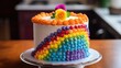 Vibrant rainbow flower cake with yellow rose