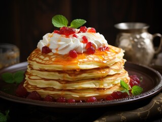 Wall Mural - Delicious stack of pancakes with whipped cream and fresh berries