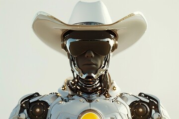 a cyberpunkinspired robot wearing a cowboy outfit, embodying a fusion of technology and western aest