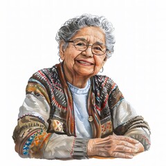 Wall Mural - Latino senior woman Smiling in Comfy Sweater on White Background, watercolor sketch