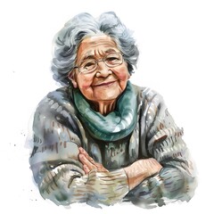 Wall Mural - Latino senior woman Smiling in Comfy Sweater on White Background, watercolor sketch