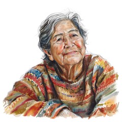 Wall Mural - Latino senior woman Smiling in Comfy Sweater on White Background, watercolor sketch