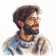 Happy Jewish Man in Cozy Sweater: Watercolor Sketch on White Background