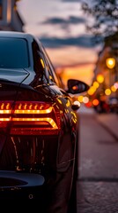 rear light on black car in city street, with sunset lighting