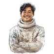 Happy Asian Man in Cozy Sweater: Simple Watercolor Sketch on White Background

