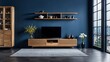 © Five Million Stocks - Living room with cabinet for tv on dark blue color wall background