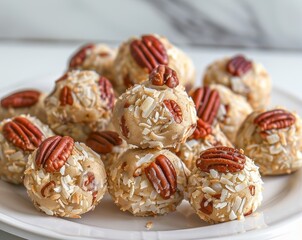 Poster - No Bake Pecan Praline Coconut Cookies capturing the inviting look of the pecans and shredded coconut embedded