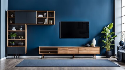 Wall Mural -  Living room with cabinet for tv on dark blue color wall background 