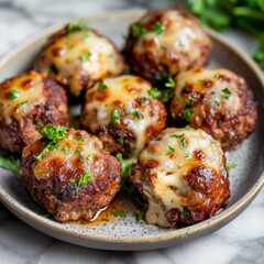 Wall Mural - smoky cheesy stuffed meatballs look freshly smoked, with visible hints of melted mozzarella cheese peeking out