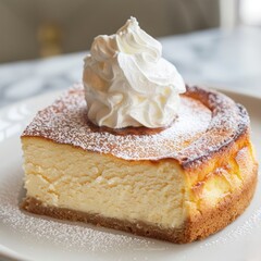 Wall Mural - The cheesecake has a perfectly golden-brown crust with a slight peak, dusted lightly with powdered sugar for a subtle