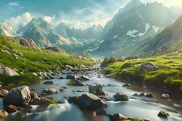 Wall Mural - Beautiful mountain landscape with green grass rocks in the river. Generate AI image