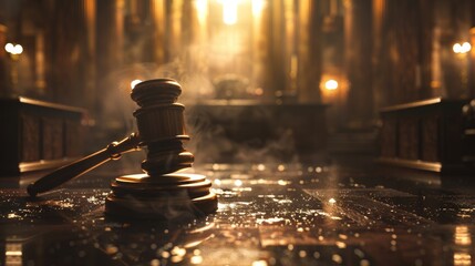 A gavel in a courtroom, symbolizing the essence of law and authority 