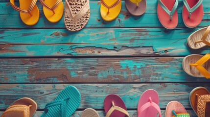 Wall Mural - A colorful array of flip flops displayed on a rustic wooden table. The electric blue and magenta hues create an eyecatching pattern, perfect for a summer event snapshot AIG50