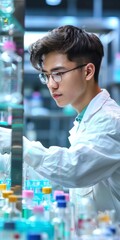 Aufkleber - Southeast Asian Biotechnologist Analyzing Avian Flu Pathogens in Sustainable High-Tech Lab
