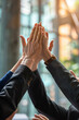 © Ikhou - high five of business people hands together, in office . Low angle view , banner with copy space area for text stock photo contest winner