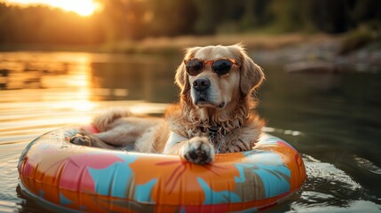 A cute dog in an inner tube in the water having a fun summer vacation, wearing sunglasses. 