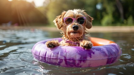 A cute dog in an inner tube in the water having a fun summer vacation, wearing sunglasses. 