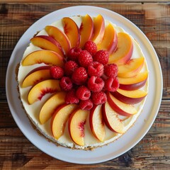 Wall Mural - The cheesecake with fresh topping red raspberries and thinly sliced peaches