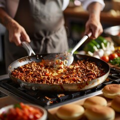 Wall Mural - the preparation of hearty bacon and cheddar sloppy joes