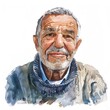 Happy Arabic senior Man in Sweater Smiling on White Background, Watercolor Sketch on White Background