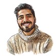 Happy Arabic Man in Cozy Sweater: Watercolor Sketch on White Background