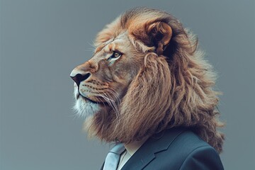 Wall Mural - A African Lion in a tailored business suit, standing against a soft pastel background, AI Generative
