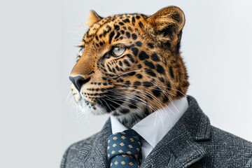 Wall Mural - A Amur Leopardin a sharp business suit, poised and dignified, isolated against a stark white background, AI Generative