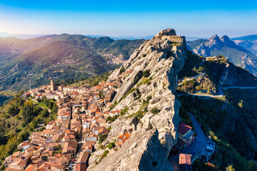 Sticker - Cityscape aerial view of medieval city of Pietrapertosa, Italy. View of Pietrapertosa town in the Lucanian Dolomites in Italy. Pietrapertosa village in Apennines Dolomiti Lucane. Basilicata, Italy.