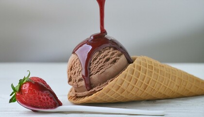 Wall Mural - Closeup on a chocolate ice cream with chocolate syrup. Syrup being poured over ice cream. Waffle cone. White background. Waffle cone lying down.
