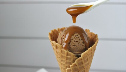 Wall Mural - Chocolate ice cream in a waffle cone with caramel ice cream sauce. A white plastic spoon in the composition.
