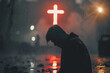 © Peopleimages - AI - Man, god and rain with depressed for mercy with plead or cry for help with test of faith with glow cross. Mental health, doubt or loss with grief, hopeless and trouble with spiritual crisis outside.