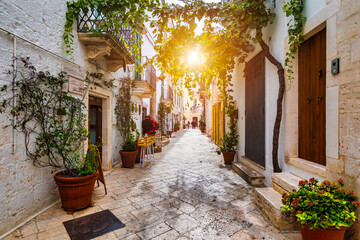 Wall Mural - Scenic sight in Locorotondo, Bari Province, Apulia (Puglia), Italy. Characteristic streets in the Locorotondo in Puglia, Italy. Locorotondo is a town of the Metropolitan City of Bari, Apulia, Italy.