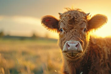 Wall Mural - A cow is staring at the camera with a blurry background. The cow is brown and has a fuzzy appearance