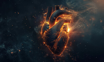 Abstract human heart with glowing elements and light effects on dark background, concept of health care or card blank design for medical advertising. high detail, hyperrealism