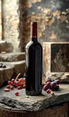 Canvas Print - A bottle of red wine is on a stone surface next to a bunch of grapes