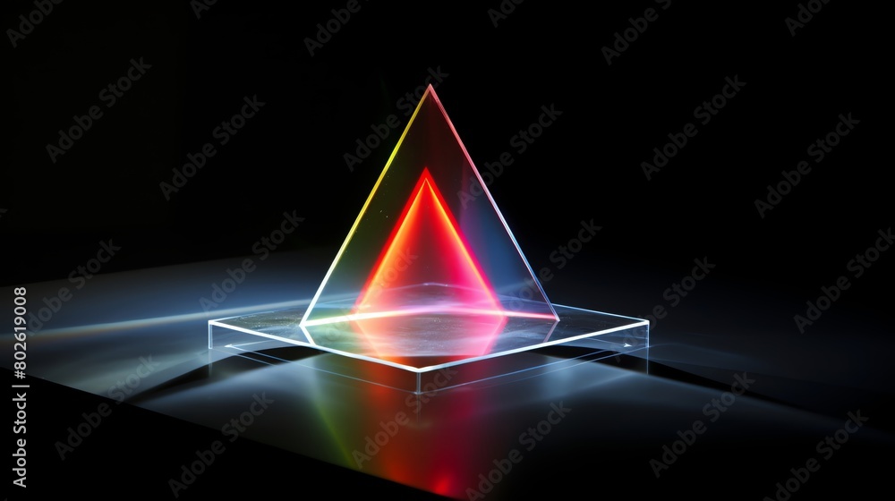 An experiment demonstrating the properties of light and refraction featuring a laser beam passing through prisms on a dark isolated background