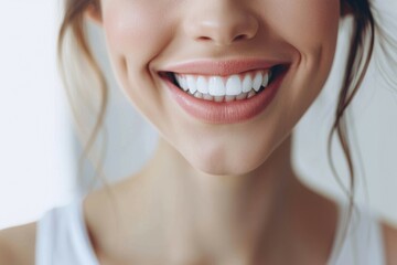 Canvas Print - A woman with a white shirt and a smile on her face. Beautiful smile concept