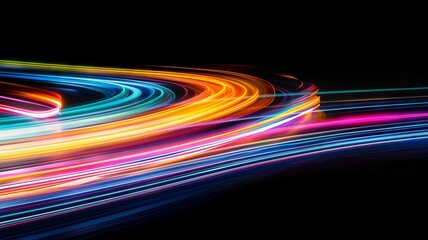 Vibrant multicolored light streaks on black backdrop - Electrifying streams of neon lights bending through the darkness create an energetic and dynamic abstract image