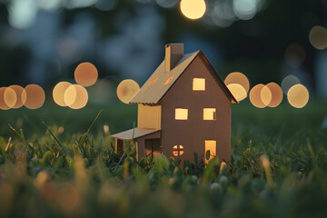 Green and environmentally friendly housing concept. Miniature wooden house in spring grass on a sunny day.