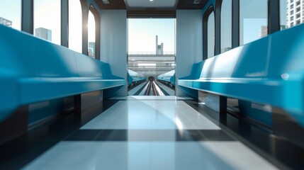 Poster - Futuristic Urban Train Interior With Sleek Modern Design and Blue Seats