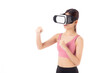 Young asian woman in sportswear wearing vr headset for exercise with punch isolated white background, girl workout with vr, technology virtual reality and simulator, sport and healthcare.