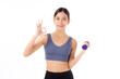 Portrait beautiful young asian woman lifting dumbbell gesture ok isolated white background, female fitness workout training with holding dumbbell for muscle strong and strength, sport and health care.