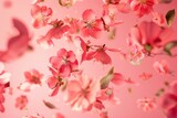 Fototapeta  - Fresh quince blossom, beautiful pink flowers falling in the air isolated on pink background. Zero gravity or levitation, spring flowers conception, high resolution image - generative ai