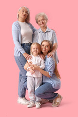 Poster - Little girl with her family on pink background