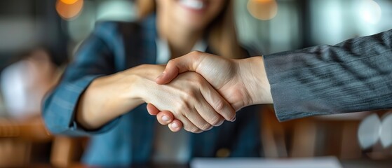 A business handshake between a man and a woman in suits.