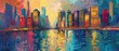 Colorful painting of a cityscape with skyscrapers and a river in the foreground.