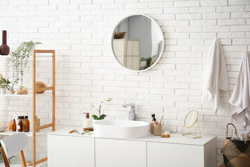 Wall Mural - Interior of stylish bathroom with sink near white brick wall