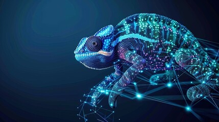 Wall Mural - Digital chameleon in neon colors. Big data visualization. Information aesthetic design. Animal learning. Generative AI